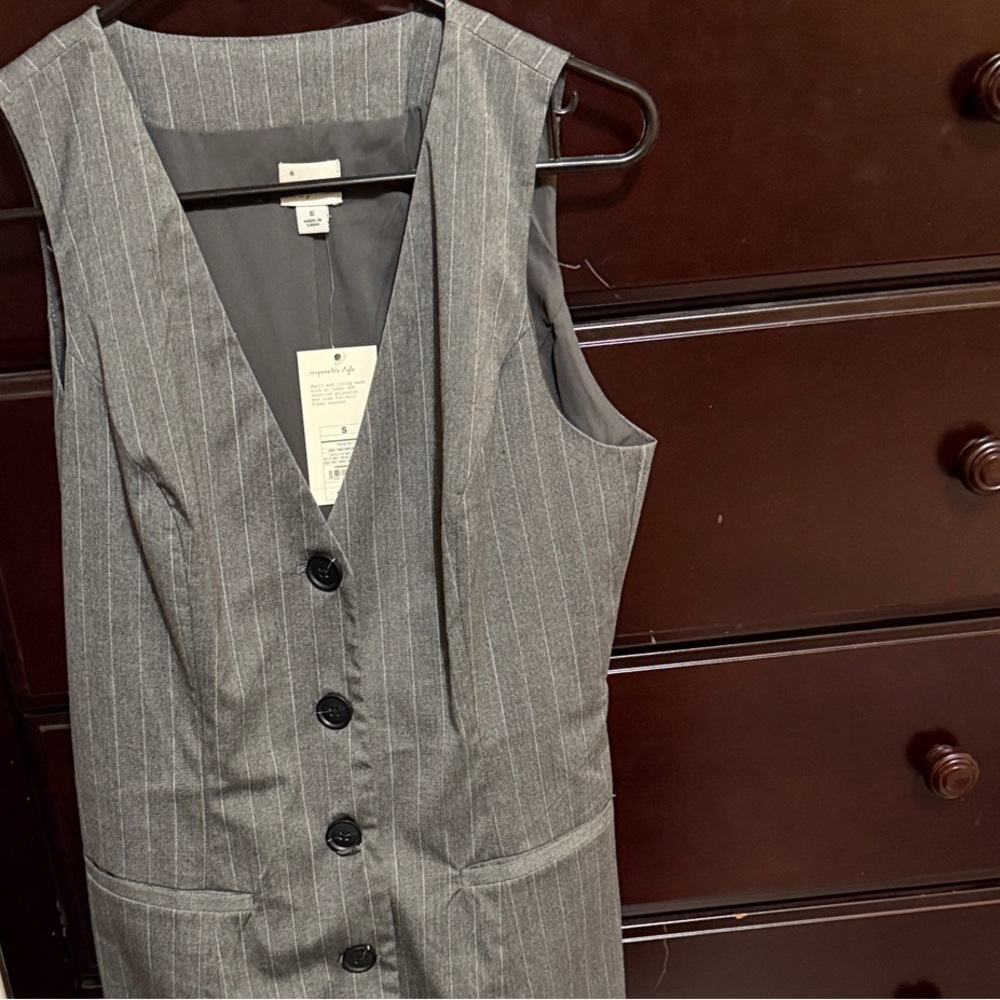 a new day Gray Pinstripe V-Neck Button Midi Dress
